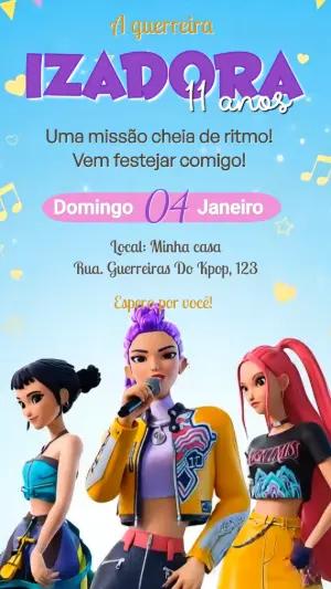 Convite Animado Aniversário Guerreiras do K-pop Musical para Editar