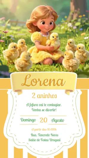 Convite Digital Aniversário Menina e Pintinhos Editável