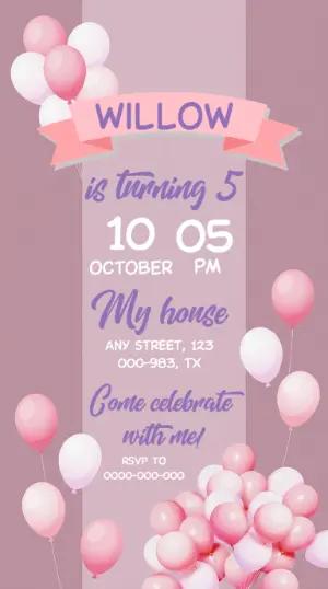 Cute Pink Balloon Birthday Invitation for Girls to Edit