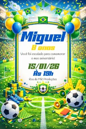 Convite de Aniversário Futebol Brasil Editável e Digital
