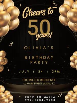 Elegant 50th Birthday Invitation in Black and Gold | Editable Template
