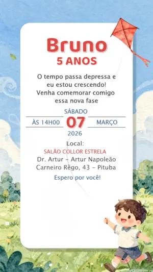 Convite de Aniversário Infantil Menino com Pipa Modelo Editável