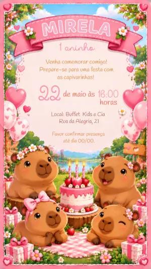 Convite de Aniversário Capivara Rosa para Editar