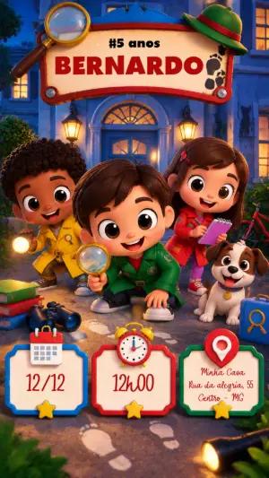 Convite de Aniversário Detetives Kids para Editar