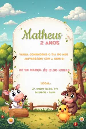 Convite Aniversário Fazendinha com Animais para Editar Online