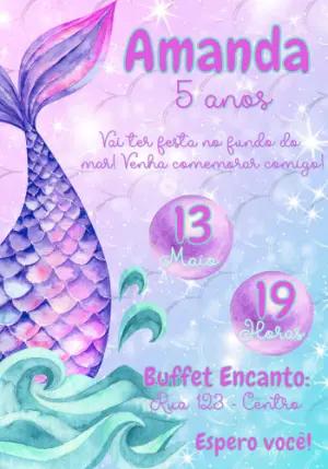 Convite de Aniversário Sereia Aquarela Modelo Editável
