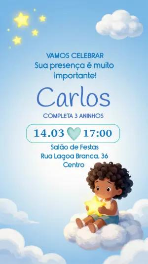 Convite de Aniversário Infantil Menino na Nuvem Modelo Editável