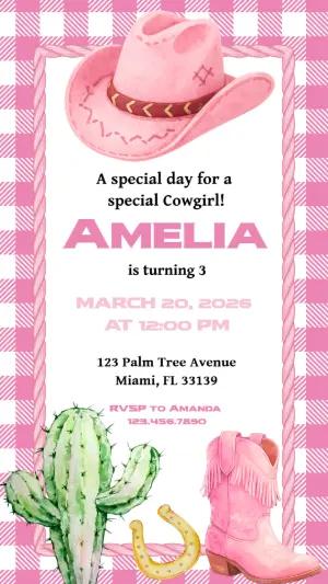 Pink Cowgirl Birthday Invitation Editable Template