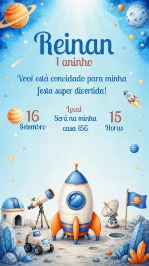 Convite de Aniversário Infantil Foguete no Espaço Editável
