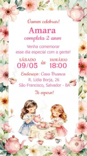 Convite Digital Infantil Chá da Tarde Aquarela Editável