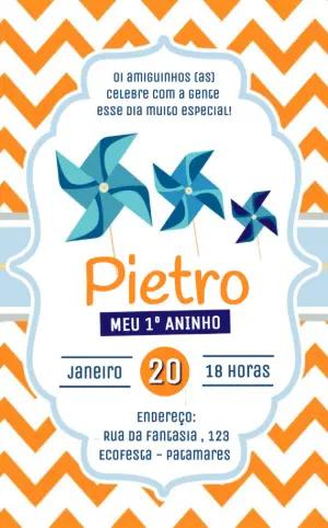 Convite de Aniversário Catavento Azul e Laranja Editável