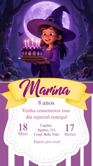 Convite de Aniversário Bruxinha Fofa Roxo Modelo Editável
