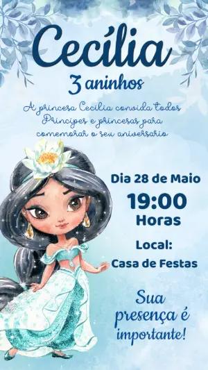 Convite Aniversário Princesa Jasmine Aquarela para Editar Online