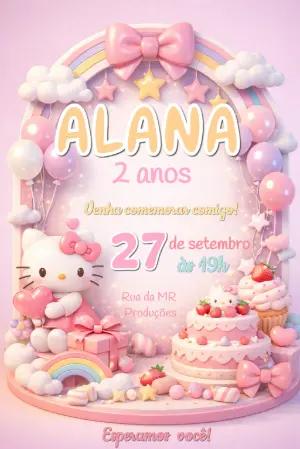 Convite de Aniversário Hello Kitty Rosa e Fofo para Editar