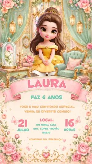 Convite Aniversário Princesa Bela Conto de Fadas Editável