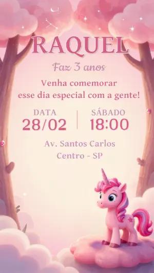 Convite de Aniversário Unicórnio Rosa Mágico Editável