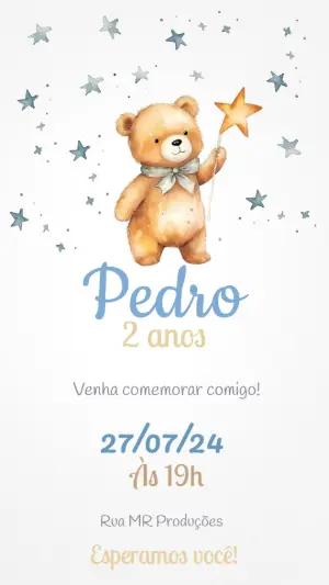 Convite Aniversário Ursinho Aquarela para Editar Online