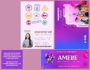 Convite de 15 Anos Guerreiras do Kpop Viagem Passaporte Digital para Editar