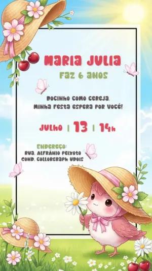 Convite Aniversário Cerejinha com Passarinha para Editar Online