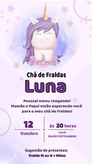 Convite Chá de Fraldas Unicórnio Lilás Fofo para Editar