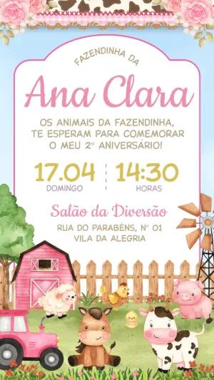 Convite de Aniversário Fazendinha Menina Rosa Editável