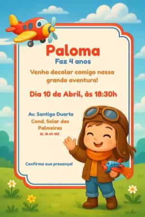 Convite de Aniversário Menina Aviadora para Editar Online