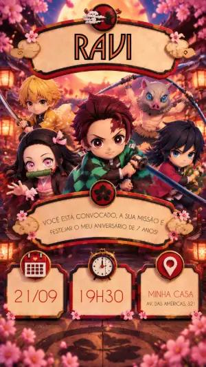 Convite de Aniversário Demon Slayer Editável para Festa Infantil