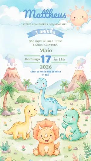 Convite de Aniversário Dinossauro Baby Aquarela para Editar