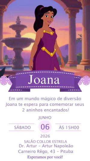 Convite de Aniversário Princesa Morena Roxo Modelo Digital