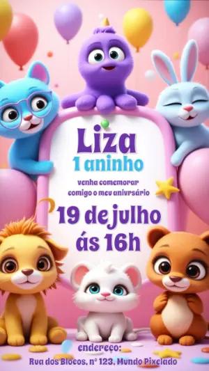 Convite Aniversário Bichinhos Fofos 3D para Editar Online