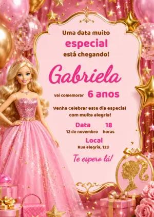 Convite Barbie Princesa Rosa e Dourado para Editar