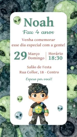 Convite de Aniversário Infantil Tema Alien e Espaço Editável