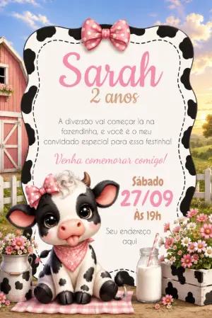 Convite de Aniversário Fazendinha Vaquinha Fofa Editável