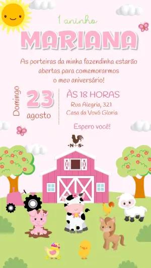Convite Aniversário Fazendinha Rosa com Animais para Editar