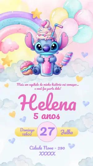 Convite de Aniversário Stitch Doce Aquarela para Editar