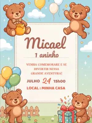 Convite Digital Aniversário Ursinho Delicado para Editar