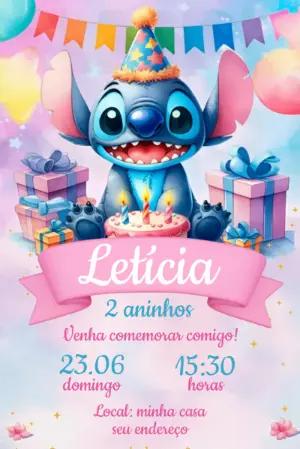 Convite de Aniversário Stitch Menina Fofo Modelo Editável
