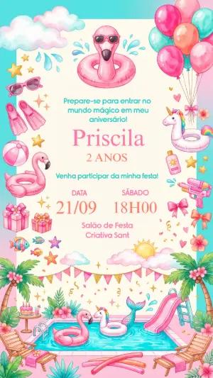 Convite de Aniversário Pool Party Flamingo Editável