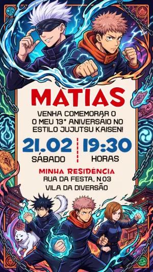 Convite de Aniversário Jujutsu Kaisen Editável para Menino