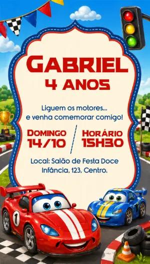Convite de Aniversário Carros de Corrida Colorido para Editar