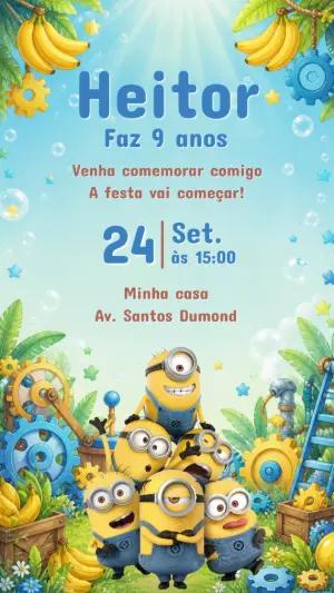 Convite de Aniversário Minions Editável para Menino