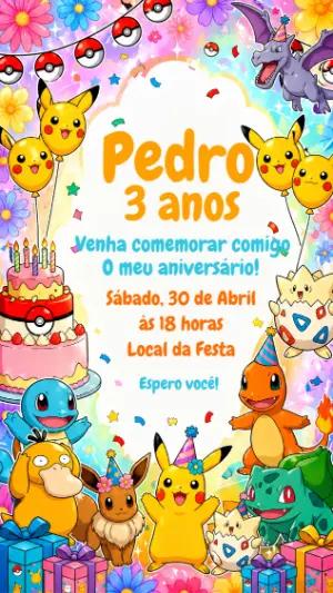 Convite de Aniversário Pokémon Fofo e Colorido para Editar