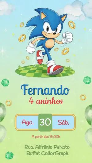 Convite Digital Aniversário Infantil Tema Sonic Editável