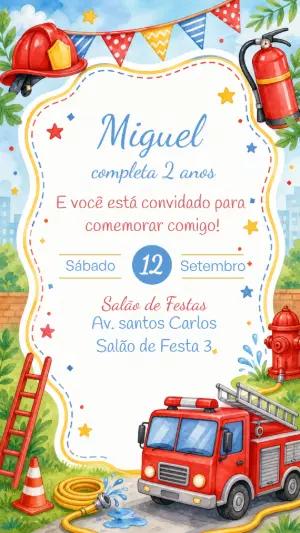 Convite de Aniversário Bombeiro Infantil: Modelo Editável