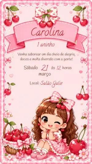 Convite Aniversário Infantil Cerejinha Rosa Modelo Editável