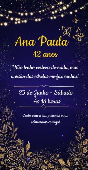 Convite de Aniversário Noite Estrelada Azul e Dourado Editável