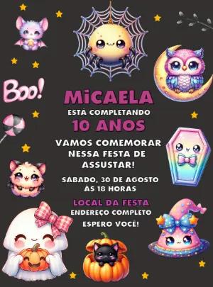Convite Aniversário Halloween Kawaii com Bichinhos para Editar