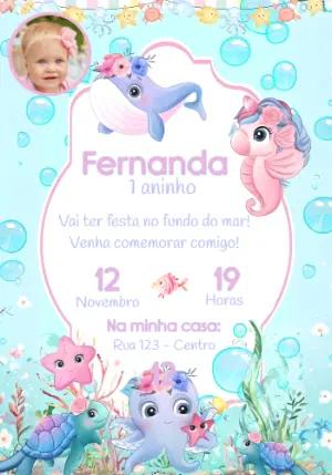 Convite Aniversário Fundo do Mar Menina Editável com Foto