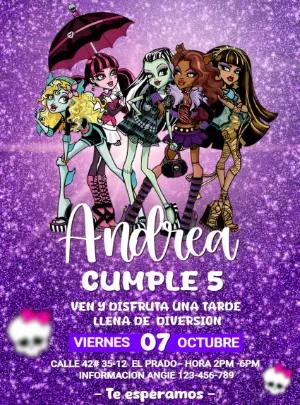 Invitación de Cumpleaños Monster High con Brillo Morado Editable