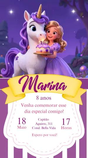 Convite de Aniversário Unicórnio Mágico Roxo para Editar